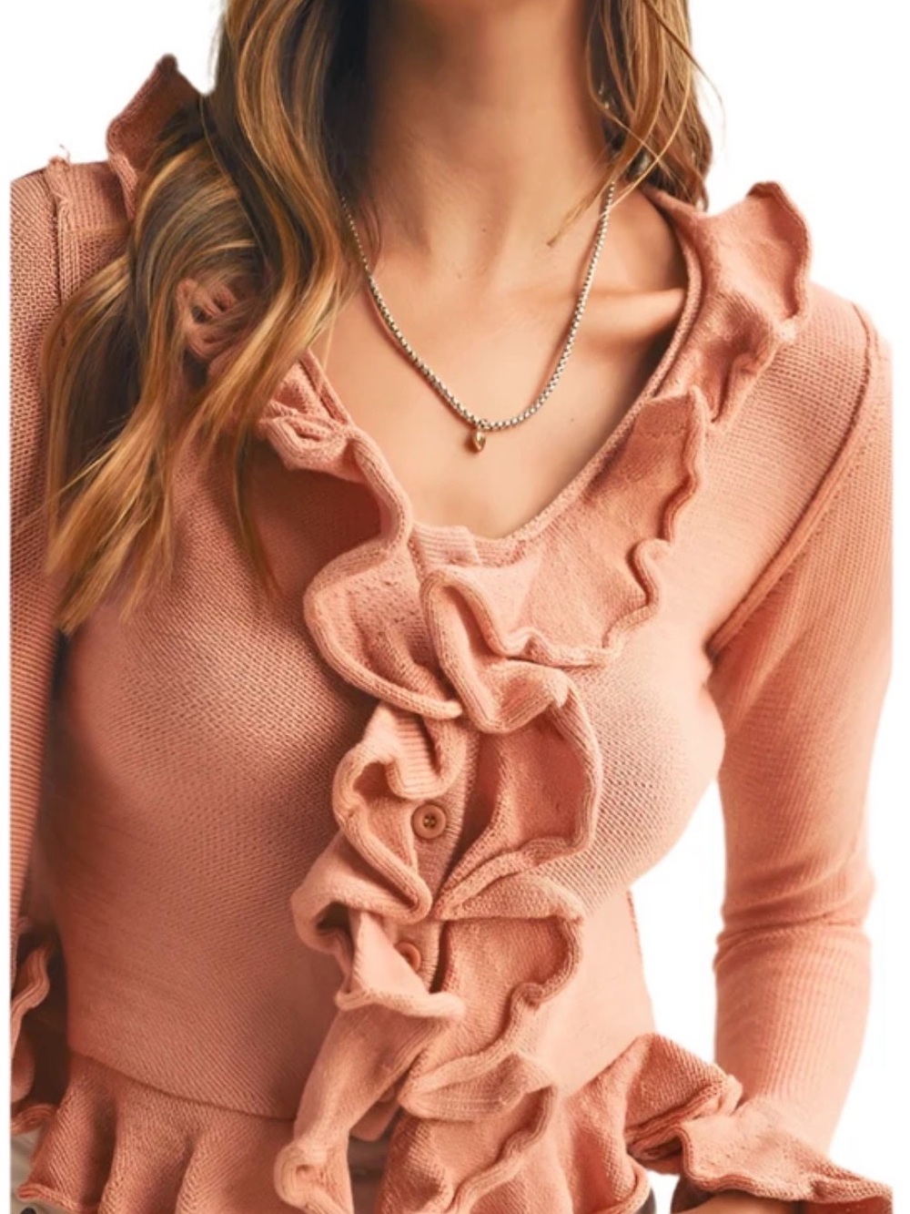VENUS Pink Ruffled V-Neck Sweater